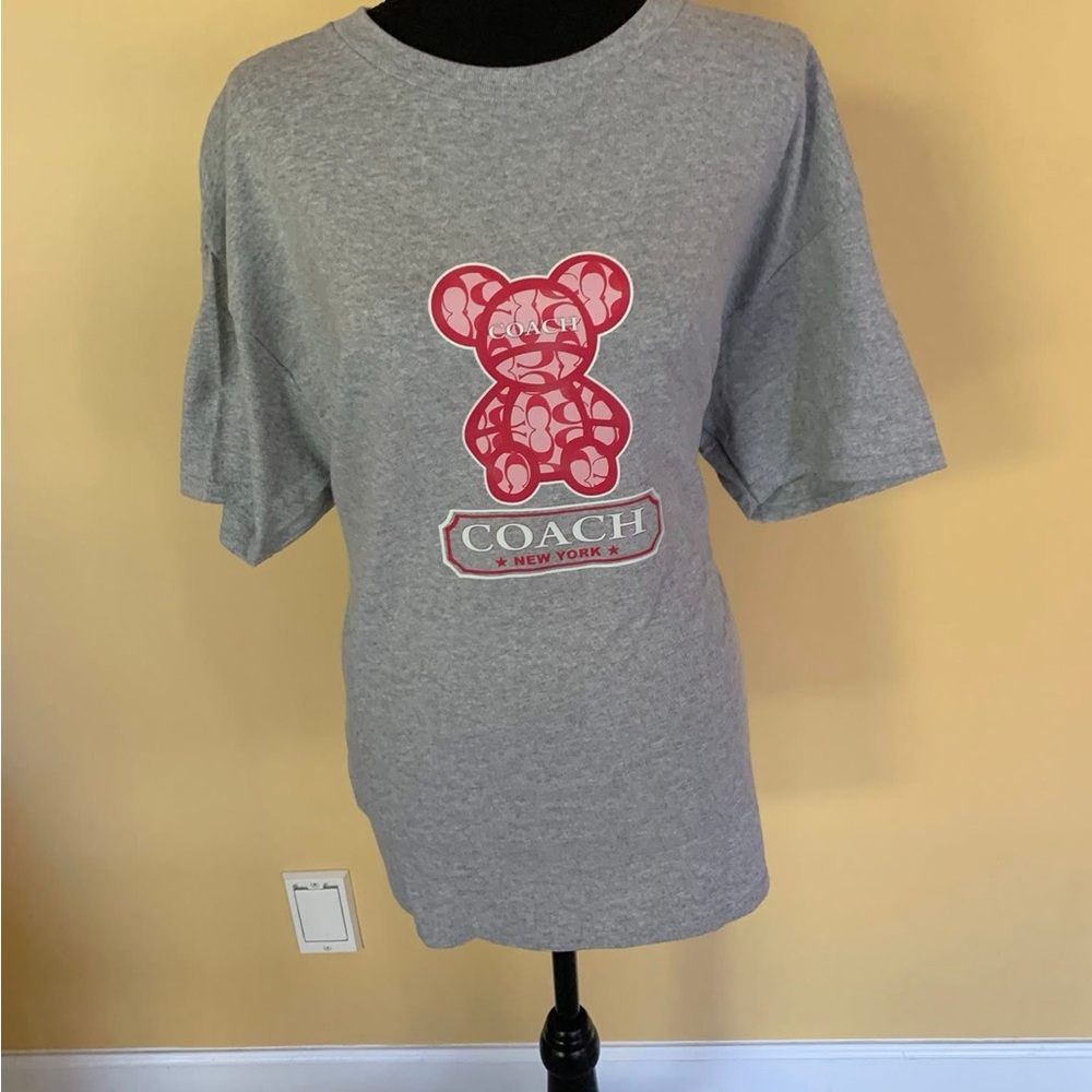 Coach Gray and Red Short Sleeve Tee with Bear Graphic
